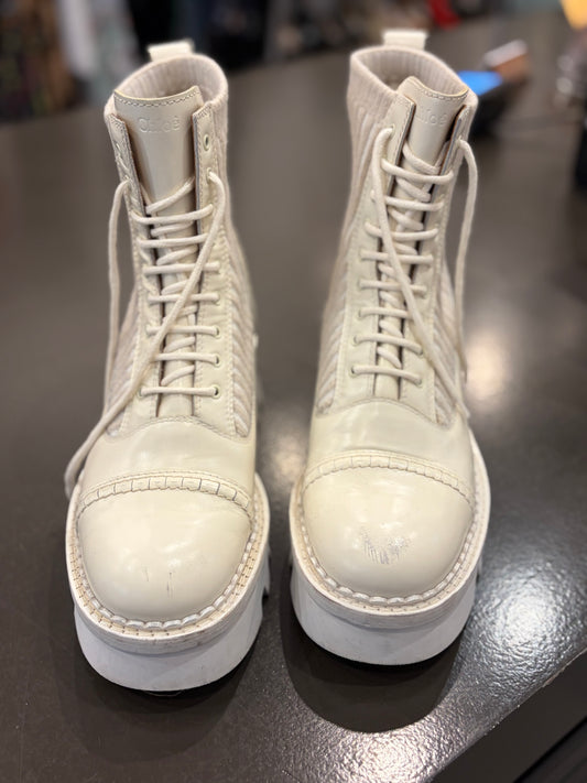 Chloe Ivory Leather & Knit Platform Combat Boots Size 39