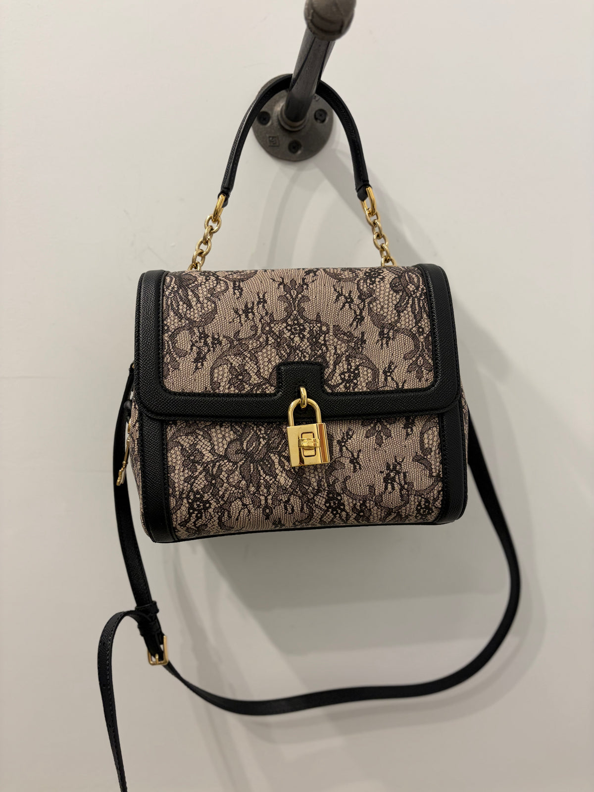 Dolce & Gabbana Black & Beige Lace Print Padlock Shoulder Bag w/gold hardware