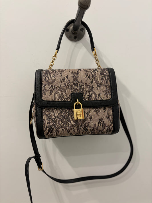 Dolce & Gabbana Black & Beige Lace Print Padlock Shoulder Bag w/gold hardware