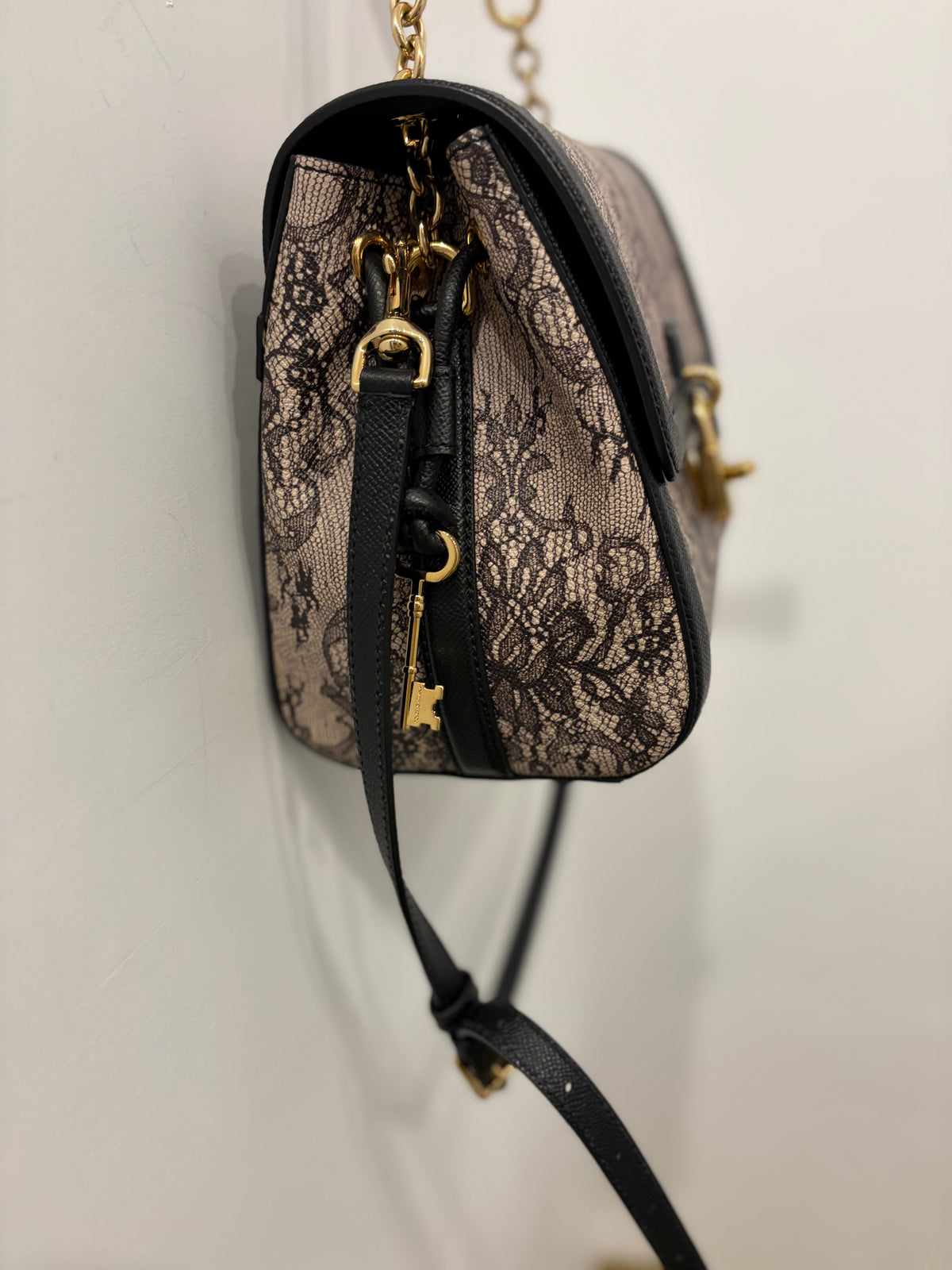 Dolce & Gabbana Black & Beige Lace Print Padlock Shoulder Bag w/gold hardware
