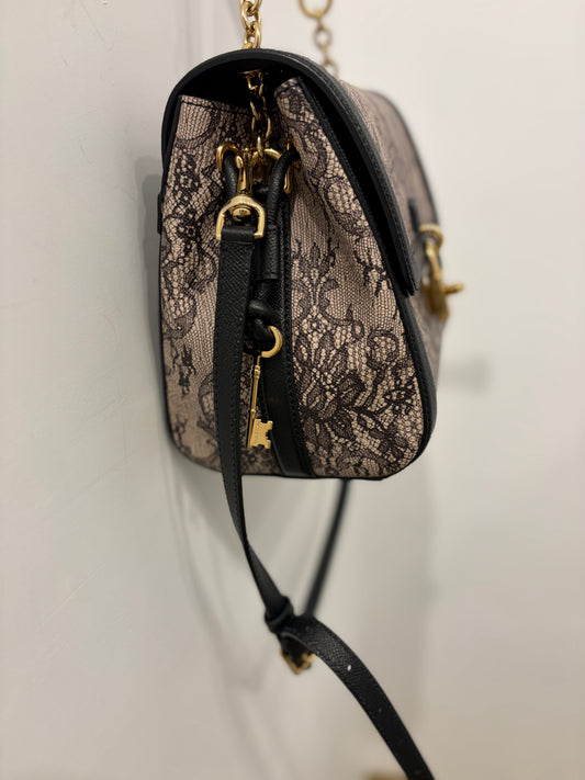 Dolce & Gabbana Black & Beige Lace Print Padlock Shoulder Bag w/gold hardware