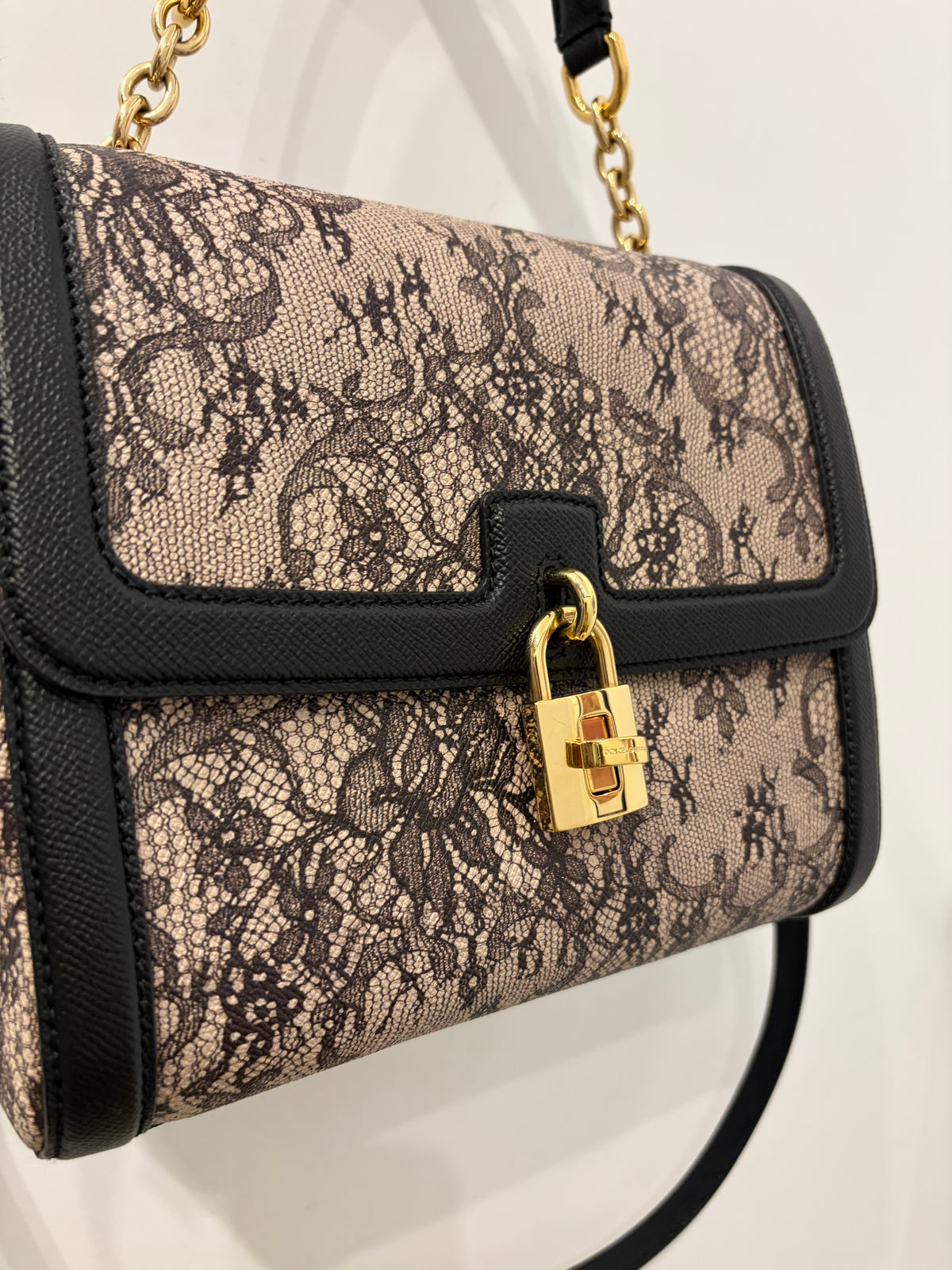 Dolce & Gabbana Black & Beige Lace Print Padlock Shoulder Bag w/gold hardware