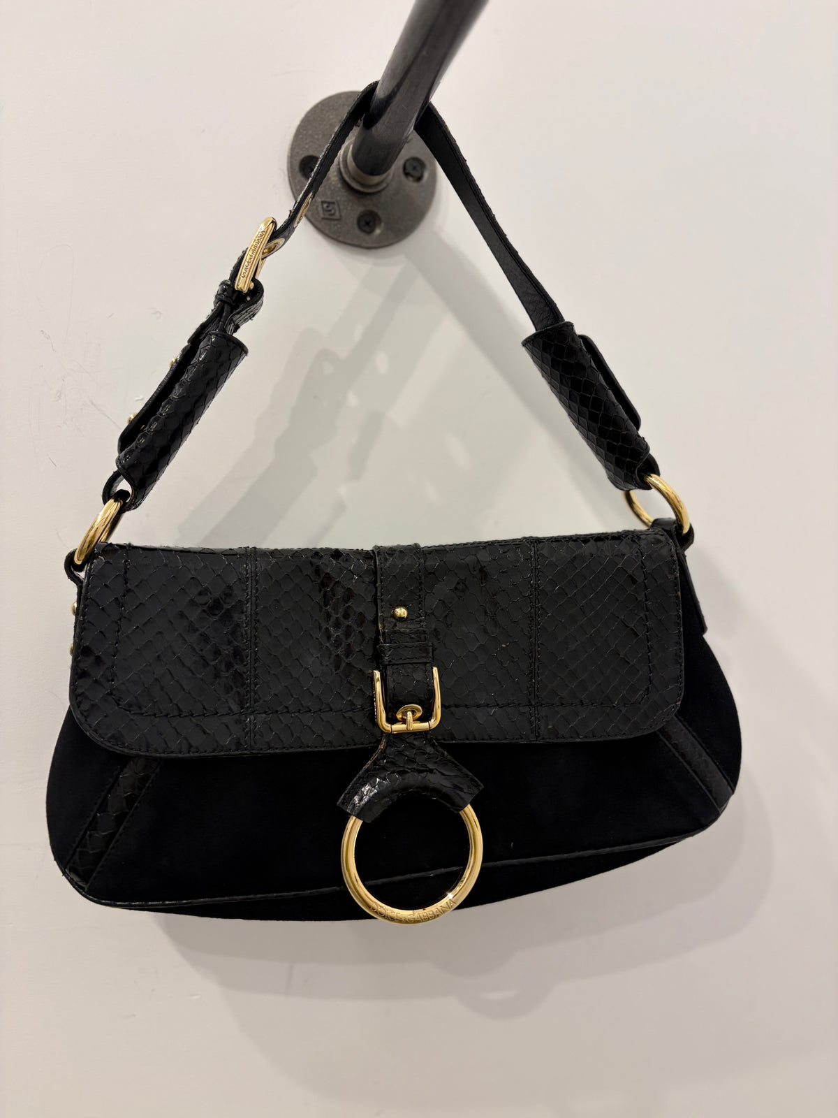 Dolce & Gabbana Black Suede & Snakeskin Shoulder Bag/gold tone hardware