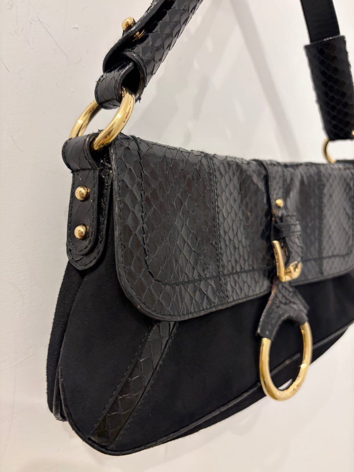 Dolce & Gabbana Black Suede & Snakeskin Shoulder Bag/gold tone hardware
