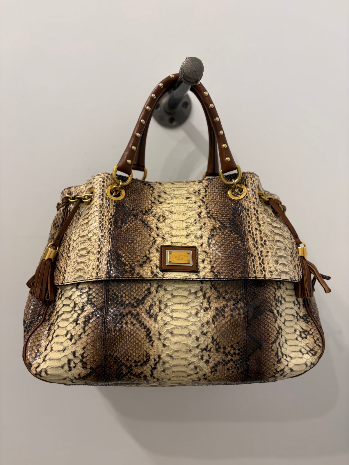 Dolce & Gabbana Brown & Cream Python Leather Top Handle Tote Bag