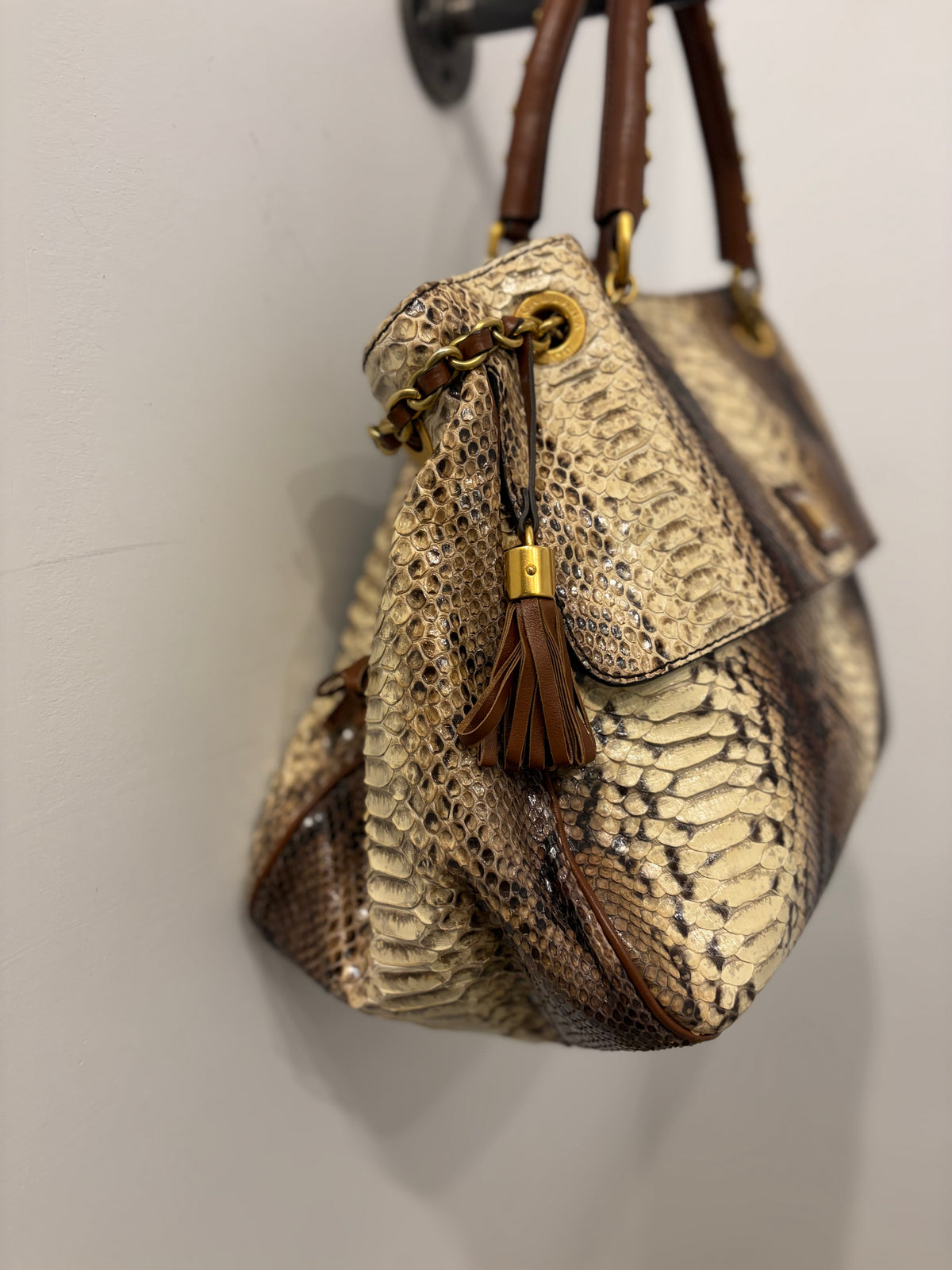 Dolce & Gabbana Brown & Cream Python Leather Top Handle Tote Bag