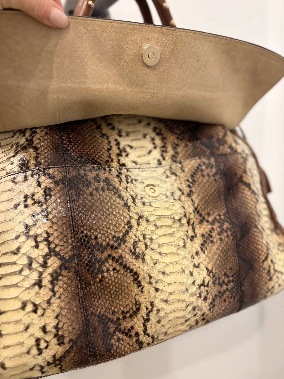 Dolce & Gabbana Brown & Cream Python Leather Top Handle Tote Bag