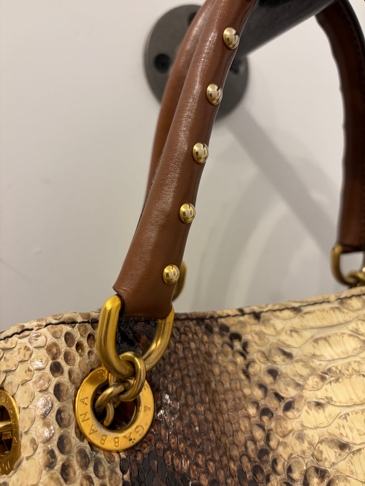 Dolce & Gabbana Brown & Cream Python Leather Top Handle Tote Bag