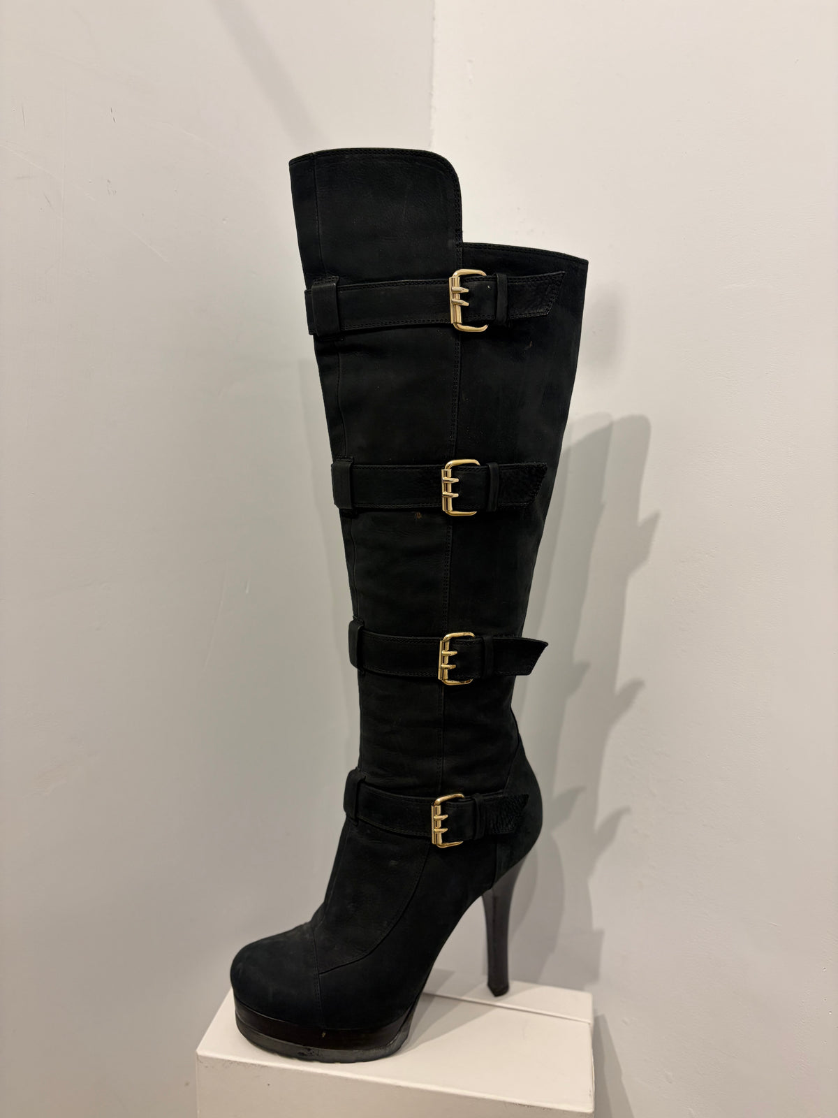 Fendi Black Suede Four-Buckle Knee High Platform Boots - 38.5
