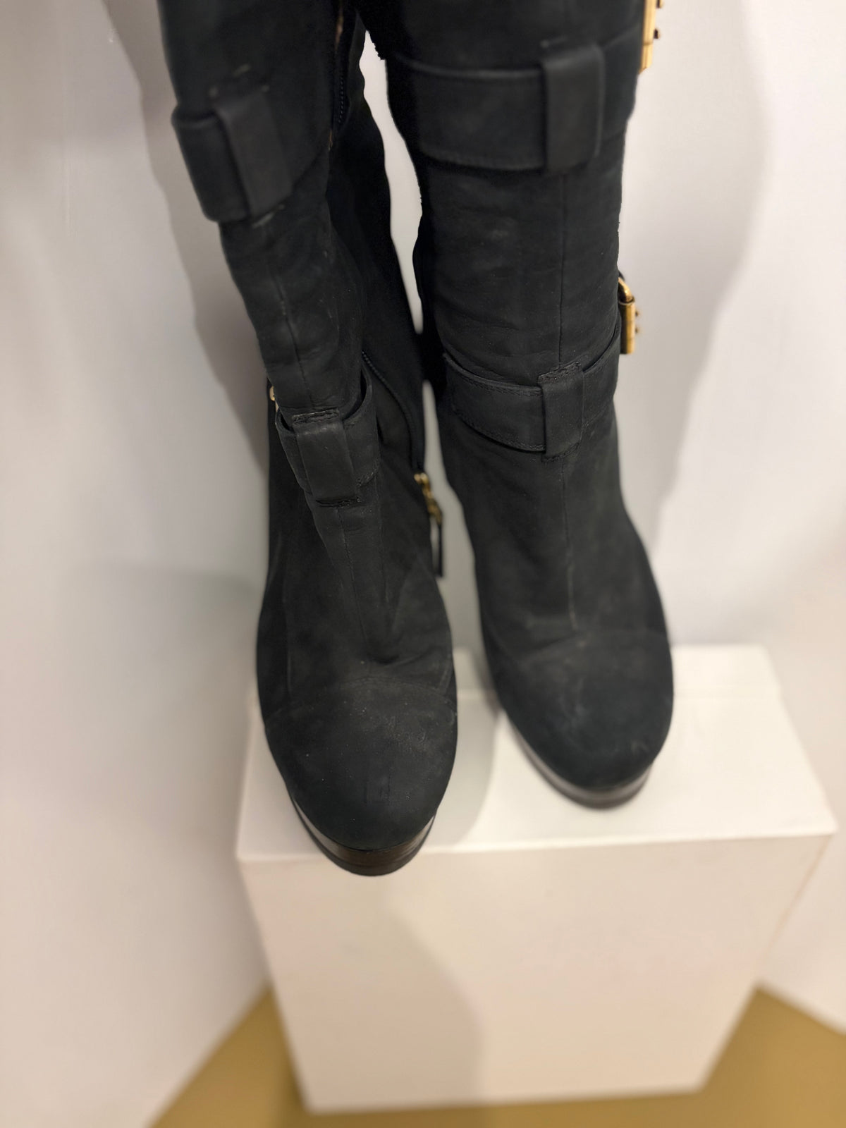 Fendi Black Suede Four-Buckle Knee High Platform Boots - 38.5