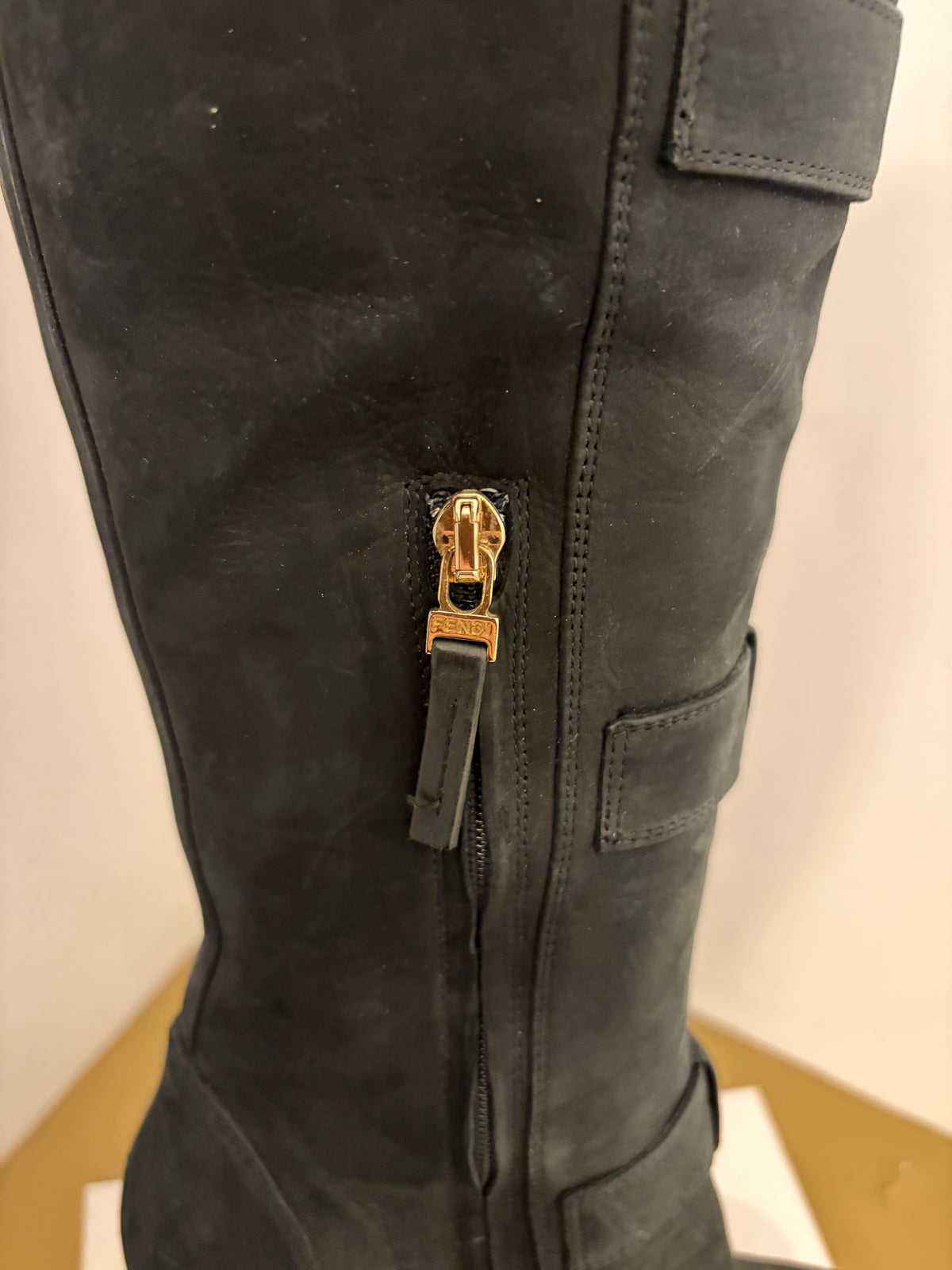 Fendi Black Suede Four-Buckle Knee High Platform Boots - 38.5