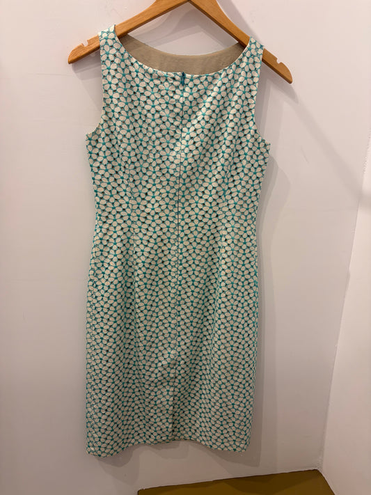 Loro Piana Turqoise Ivory Eyelet Embroidered Slvls Sheath Dress - 40