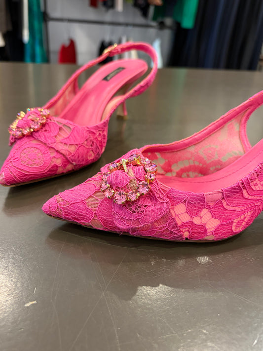 Dolce & Gabbana Pink Lace Crystal Slingback Heels – Size 41