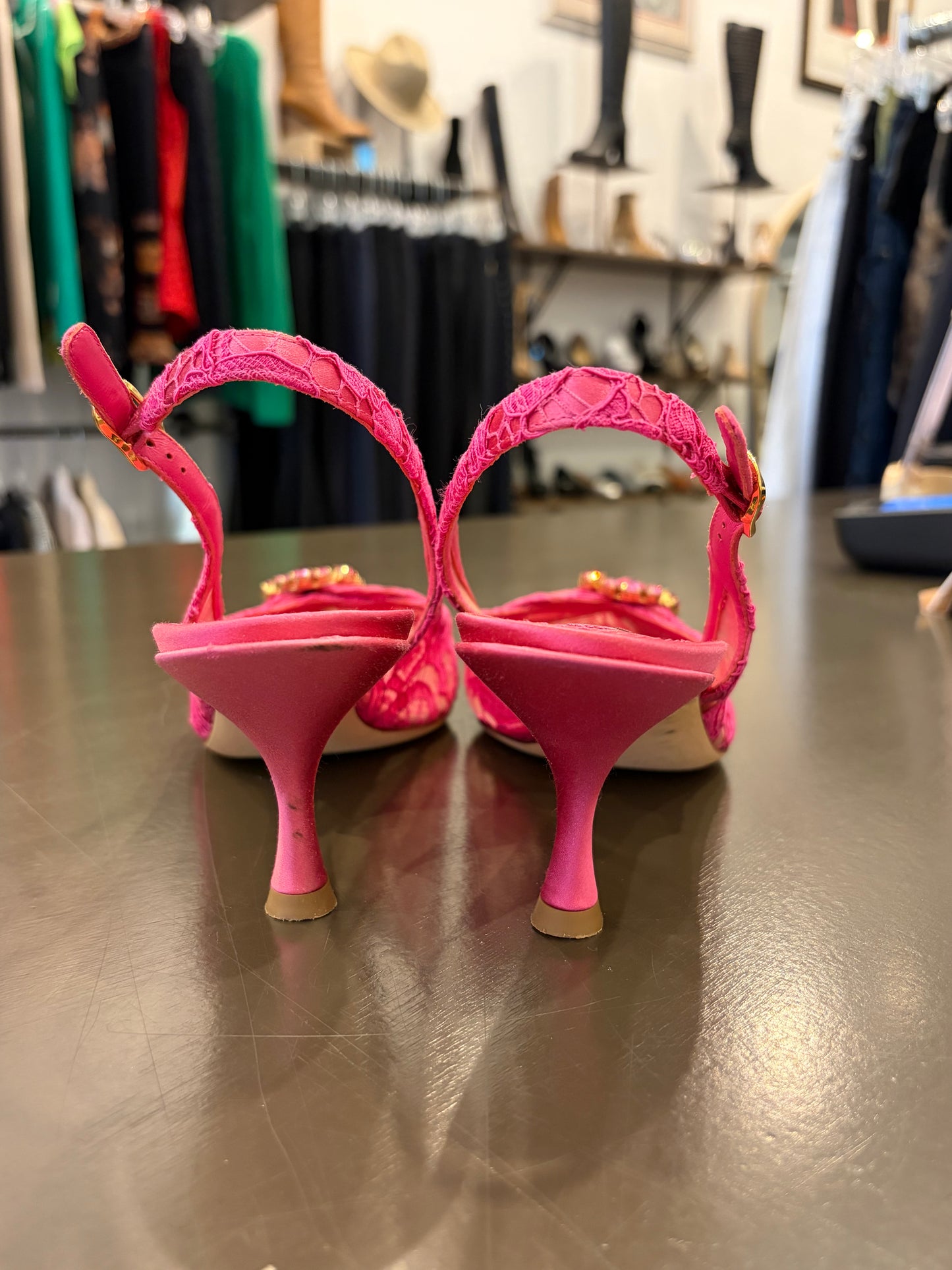 Dolce & Gabbana Pink Lace Crystal Slingback Heels – Size 41