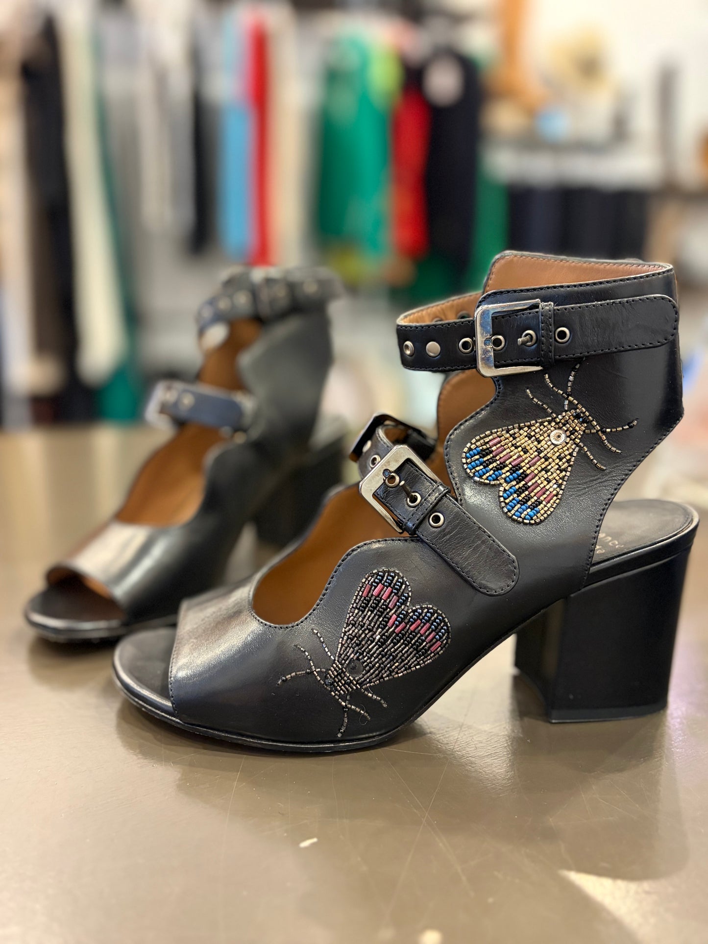 Laurence Dacade Beaded Butterfly Leather Sandals – Black – Size 41