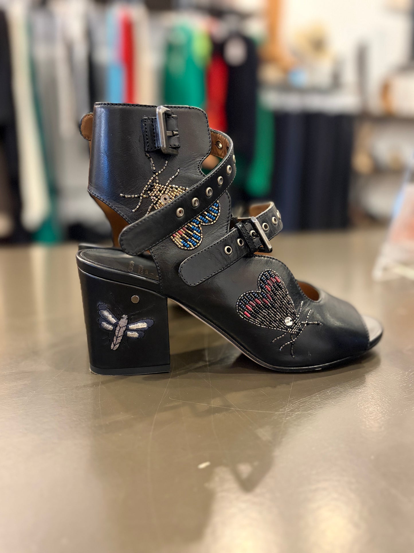 Laurence Dacade Beaded Butterfly Leather Sandals – Black – Size 41