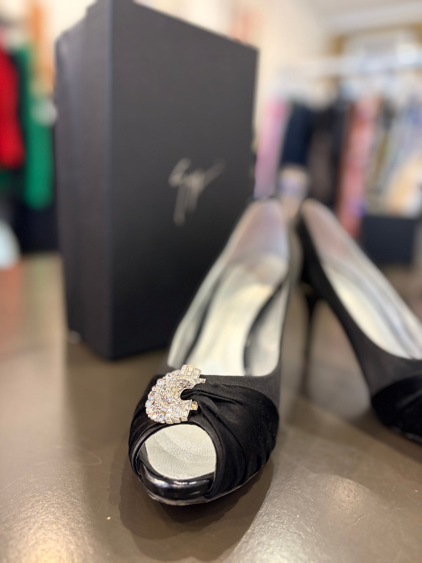 Giuseppe Zanotti Satin Peep-Toe Pumps with Crystal Brooch 40