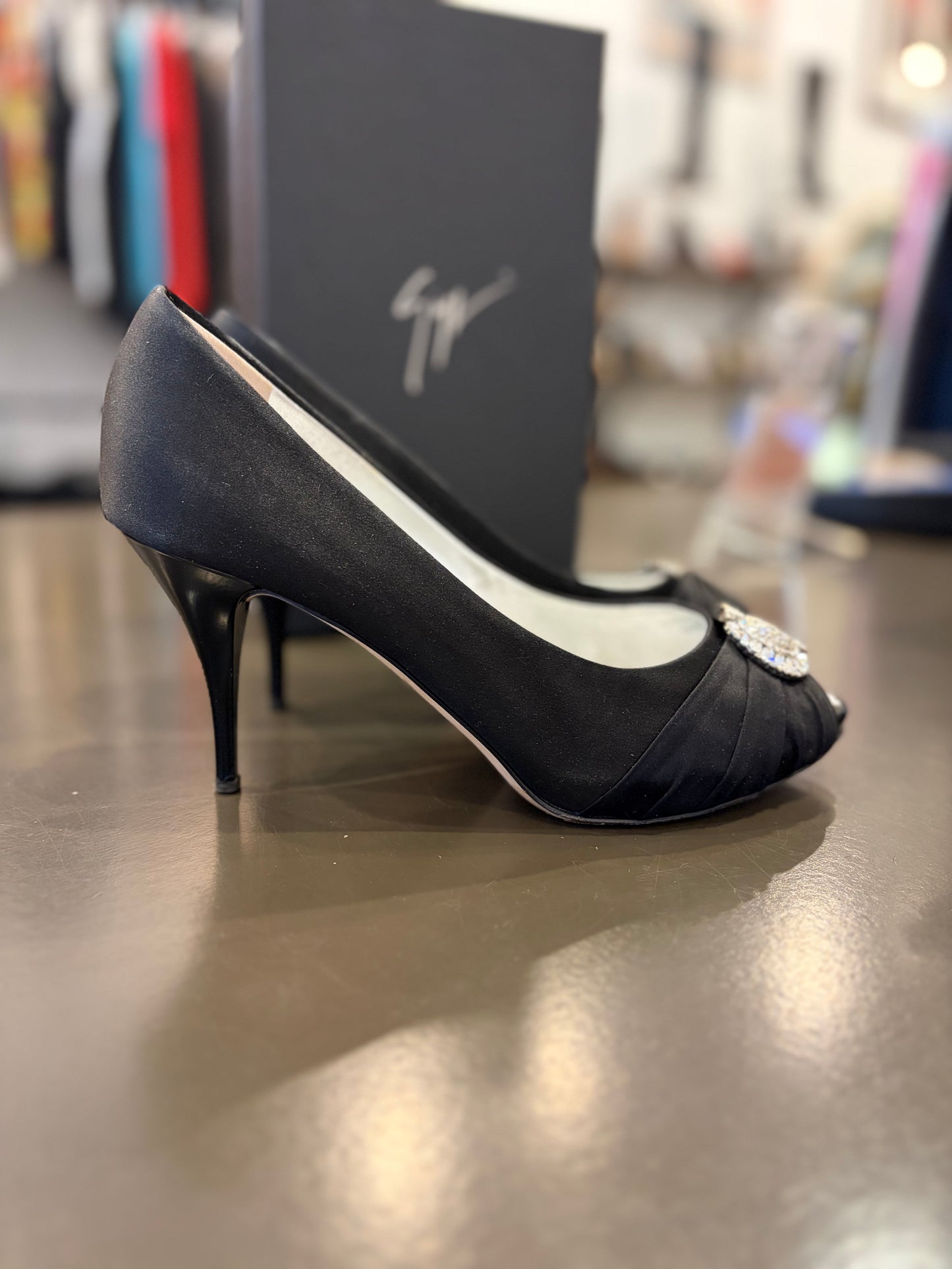 Giuseppe Zanotti Satin Peep-Toe Pumps with Crystal Brooch 40