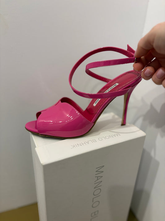 37.5 Manolo Blahnik Hourani Sandals Hot Pink Patent Leather