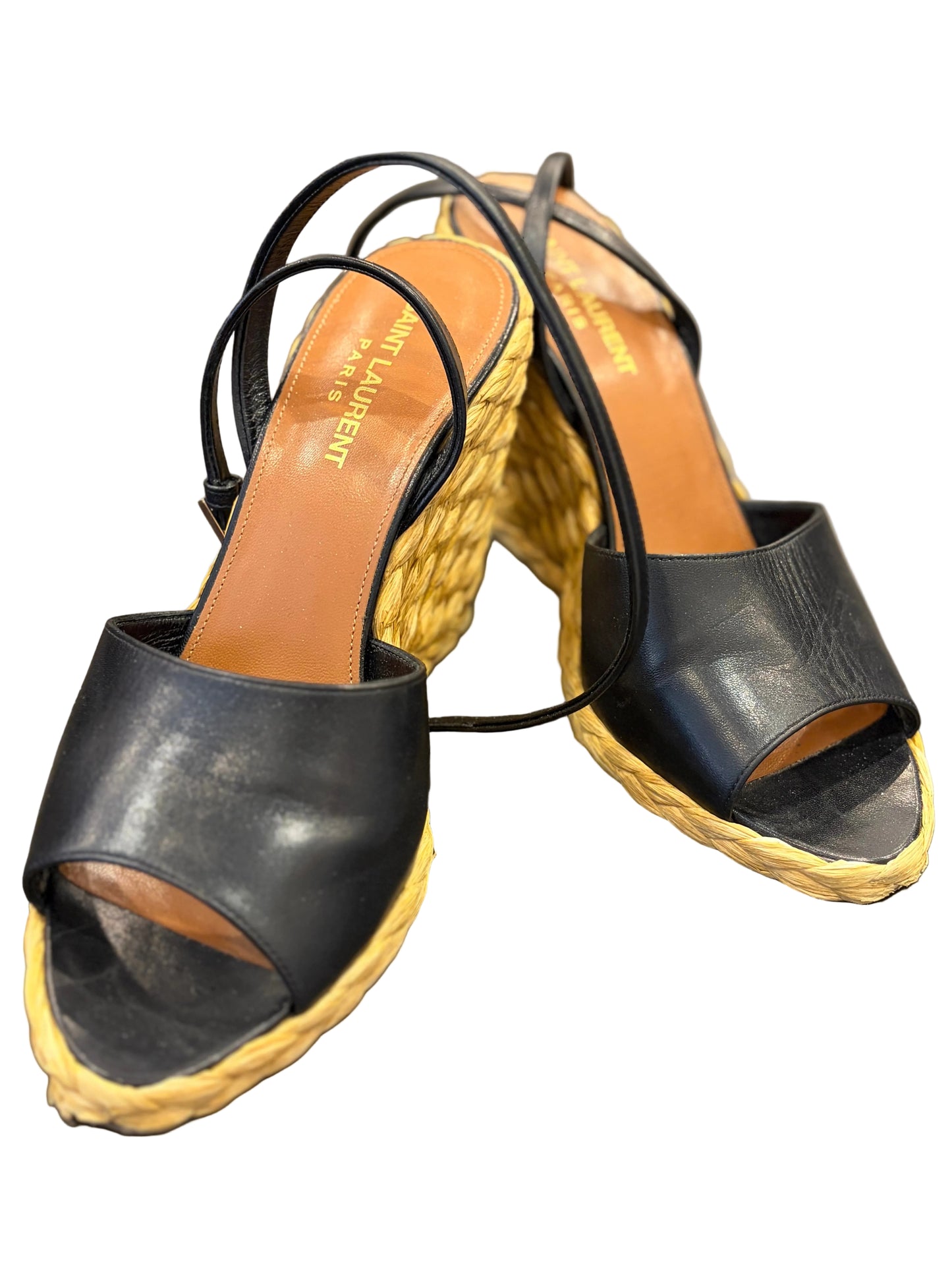 Saint Laurent Black Leather Espadrille Wedge Sandals - Size 38