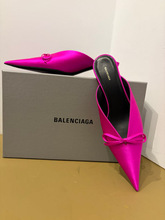 37 Balenciaga Rose Fuchsia Satin Bow Pointed-Toe Kitten Heel Mules
