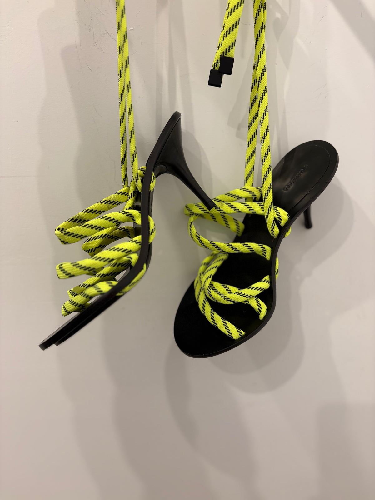 36 Balenciaga Neon Yellow & Black Lace-Up Stilleto Sandals (Heel is 3")