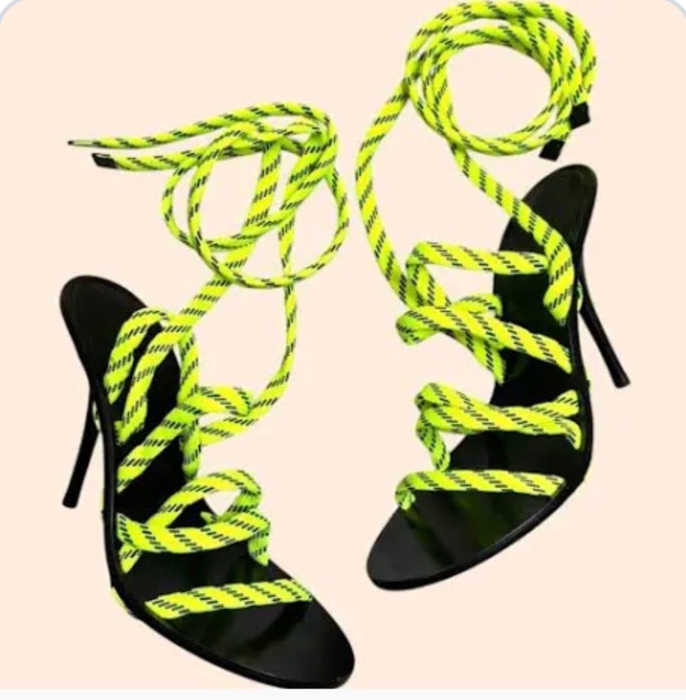 36 Balenciaga Neon Yellow & Black Lace-Up Stilleto Sandals (Heel is 3")