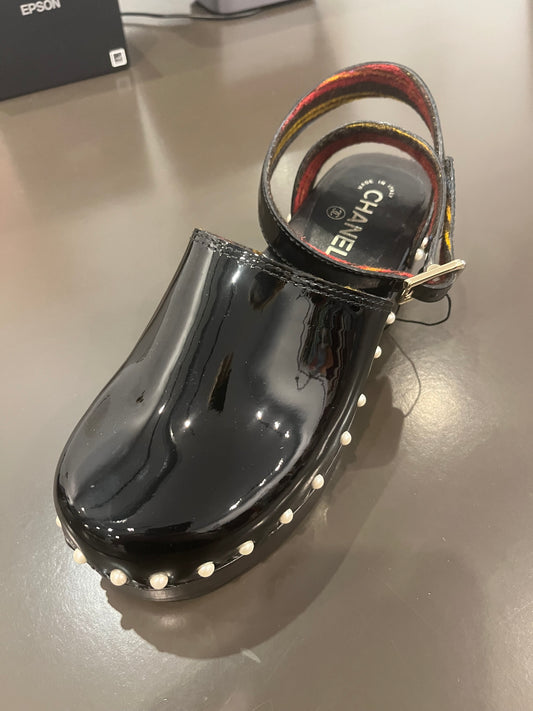 Chanel black patent pearl clogs 39
