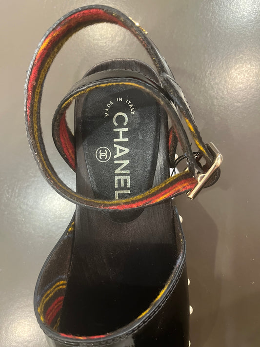 Chanel black patent pearl clogs 39