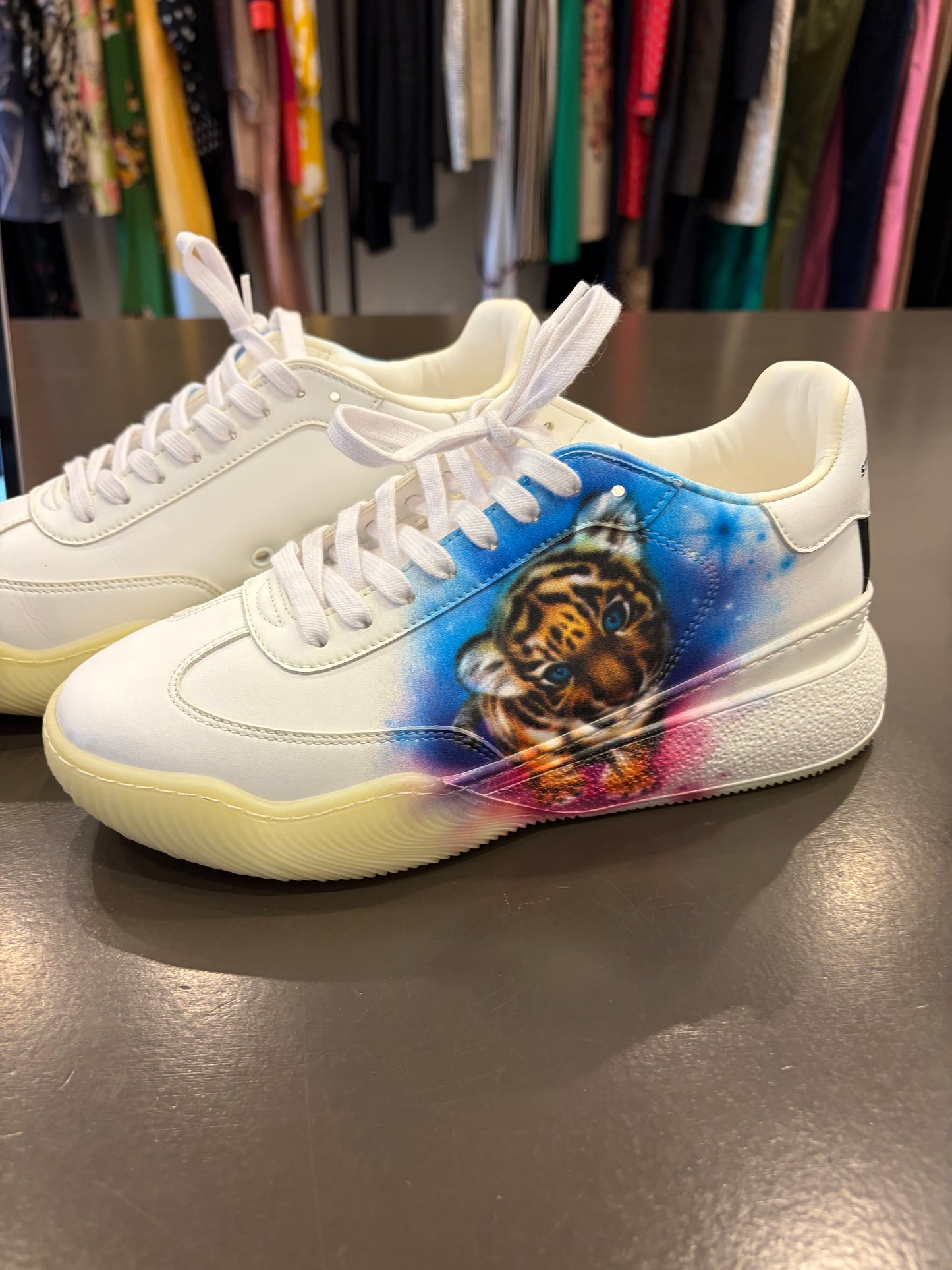 Stella McCartney White Platform Sneakers with Custom Tiger Artwork - Size 41