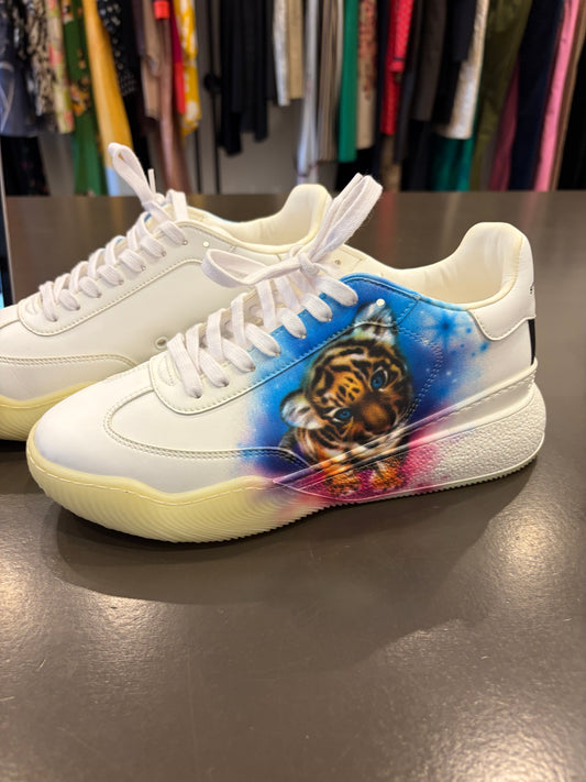 Stella McCartney White Platform Sneakers with Custom Tiger Artwork - Size 41