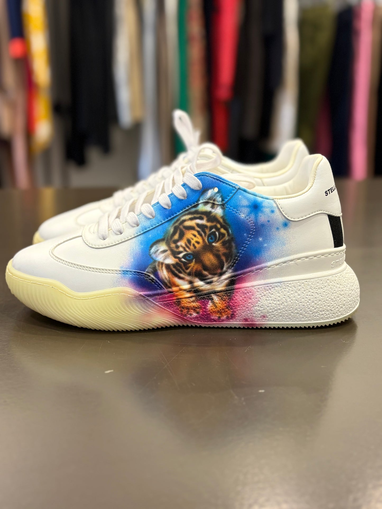Stella McCartney White Platform Sneakers with Custom Tiger Artwork - Size 41