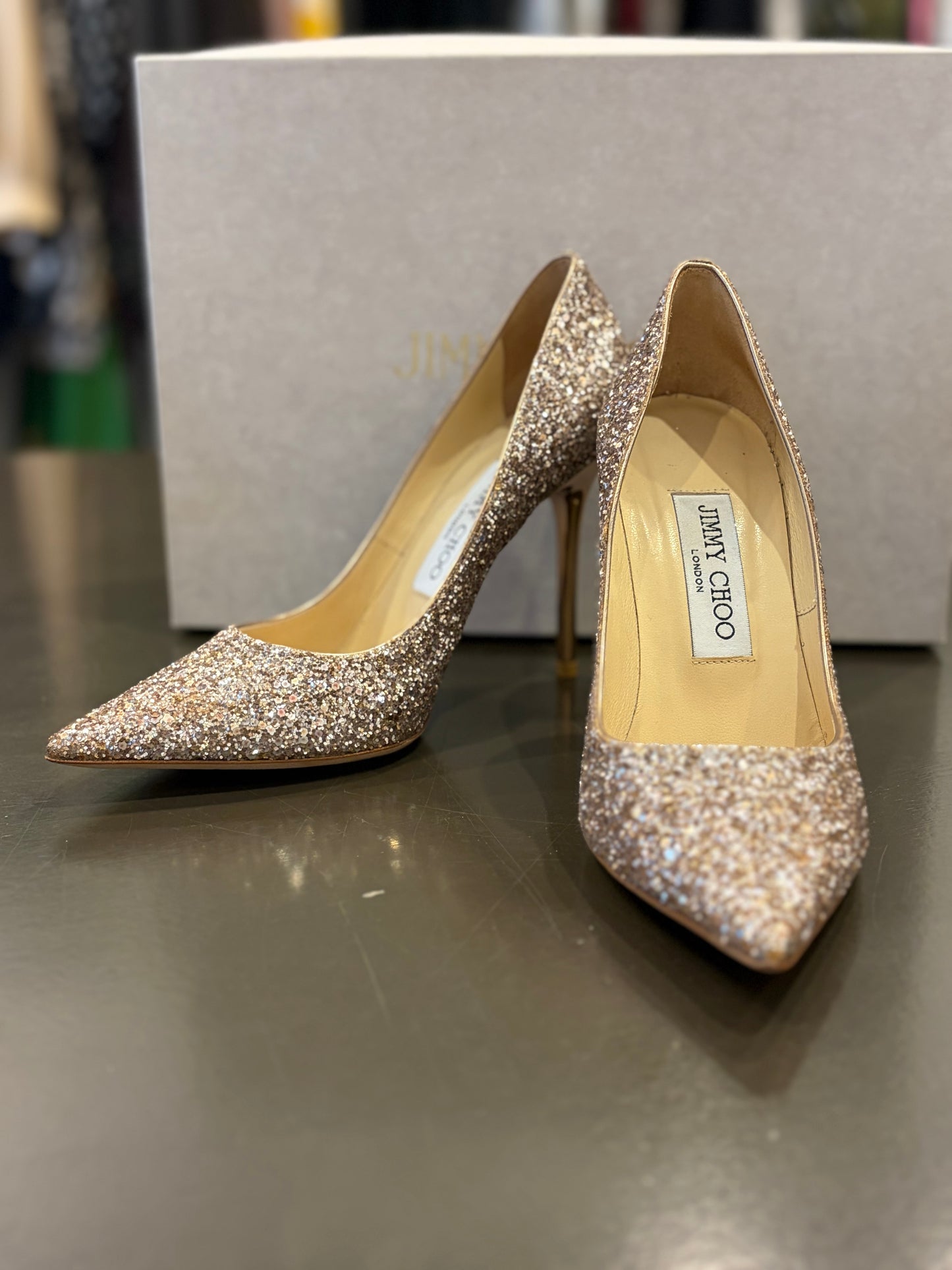 Jimmy Choo Abel Glitter Pointed-Toe Pumps – Nude Champagne – Size 36