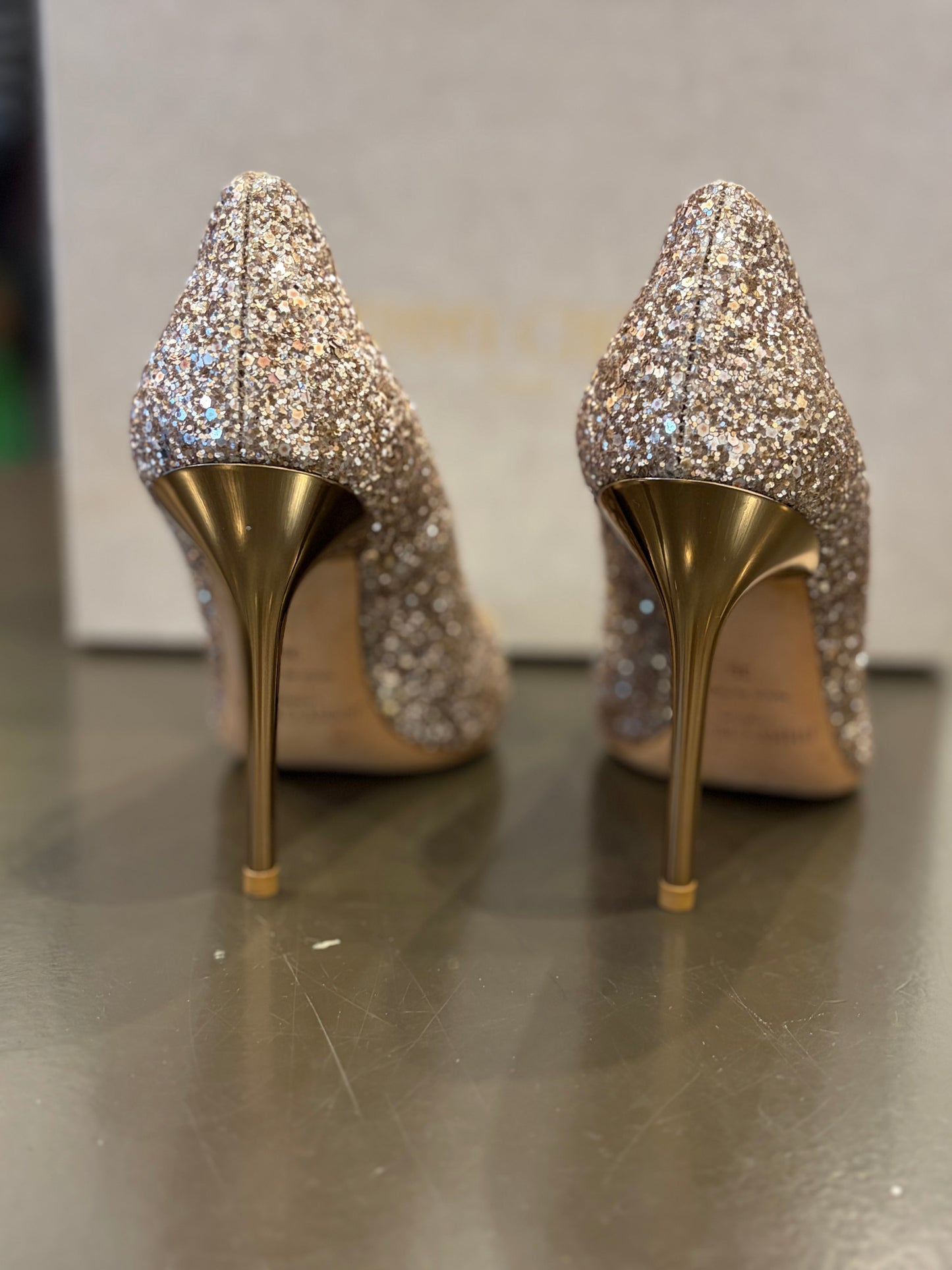 Jimmy Choo Abel Glitter Pointed-Toe Pumps – Nude Champagne – Size 36