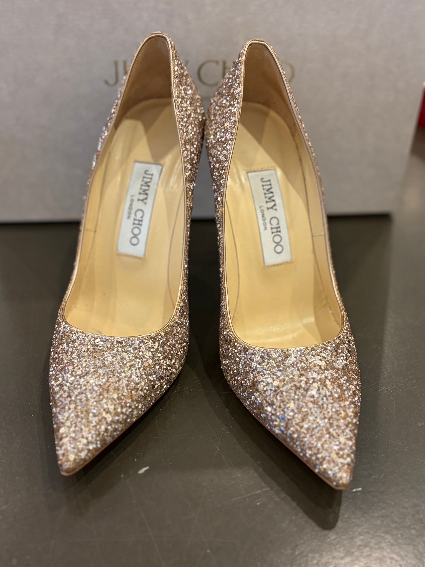 Jimmy Choo Abel Glitter Pointed-Toe Pumps – Nude Champagne – Size 36