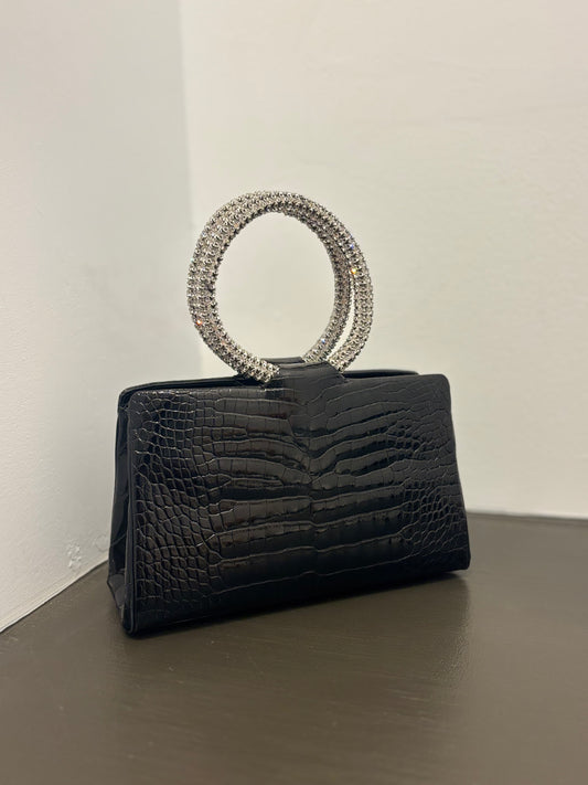 Judith Leiber Black Croc-Embossed Crystal Handle Bag