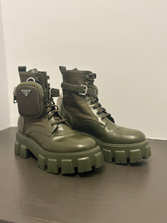 Prada Monolith Nylon & Leather combat botts with pouch 39.5