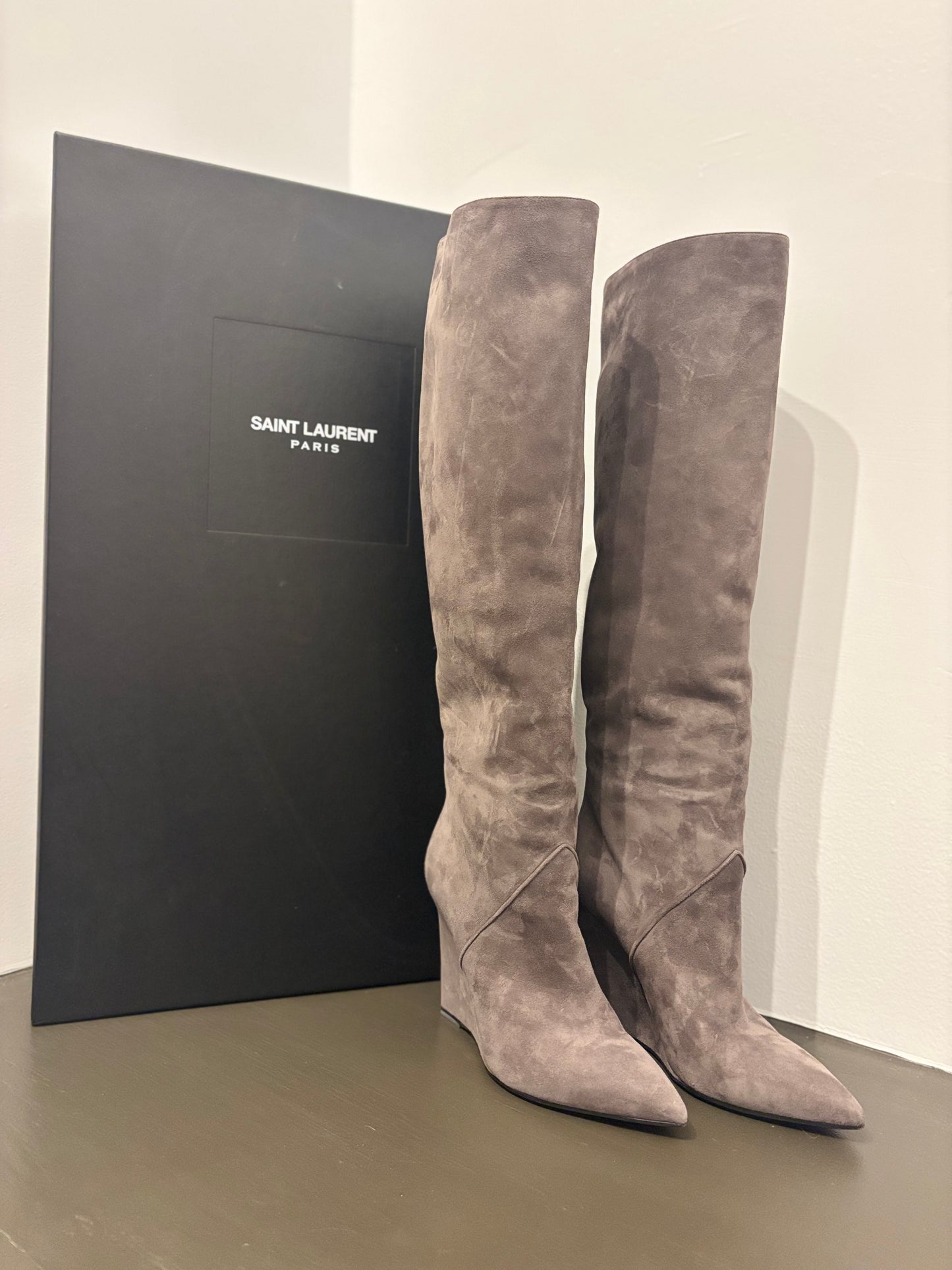 St. Laurent Tall gray wedge boot 36
