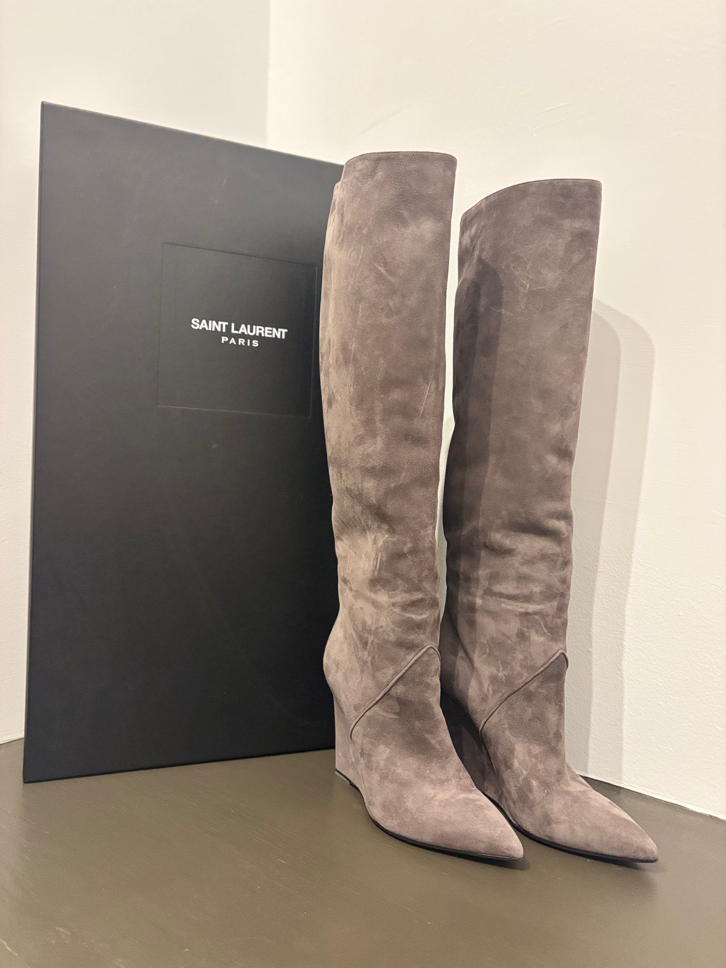 St. Laurent Tall gray wedge boot 36