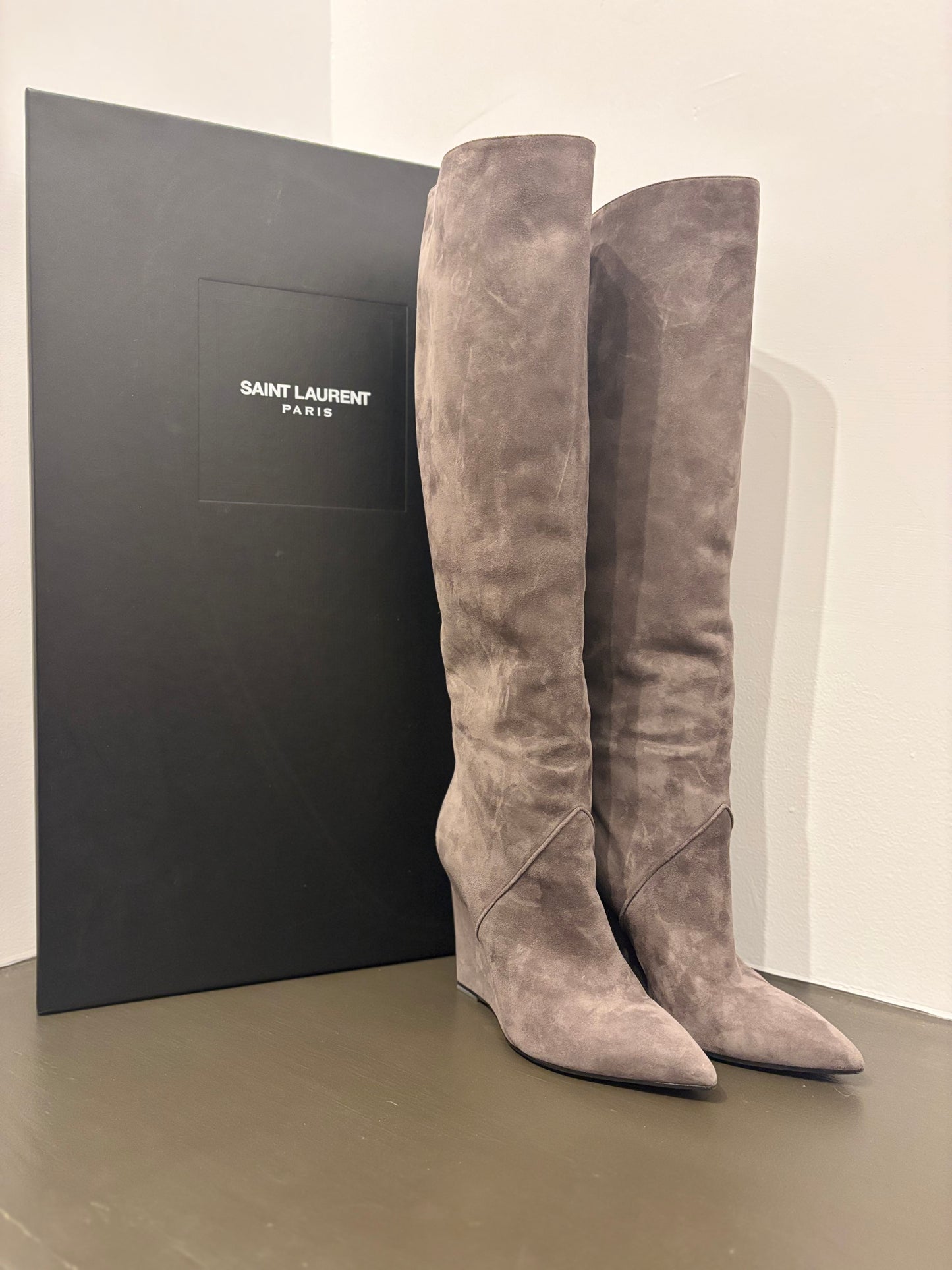 St. Laurent Tall gray wedge boot 36