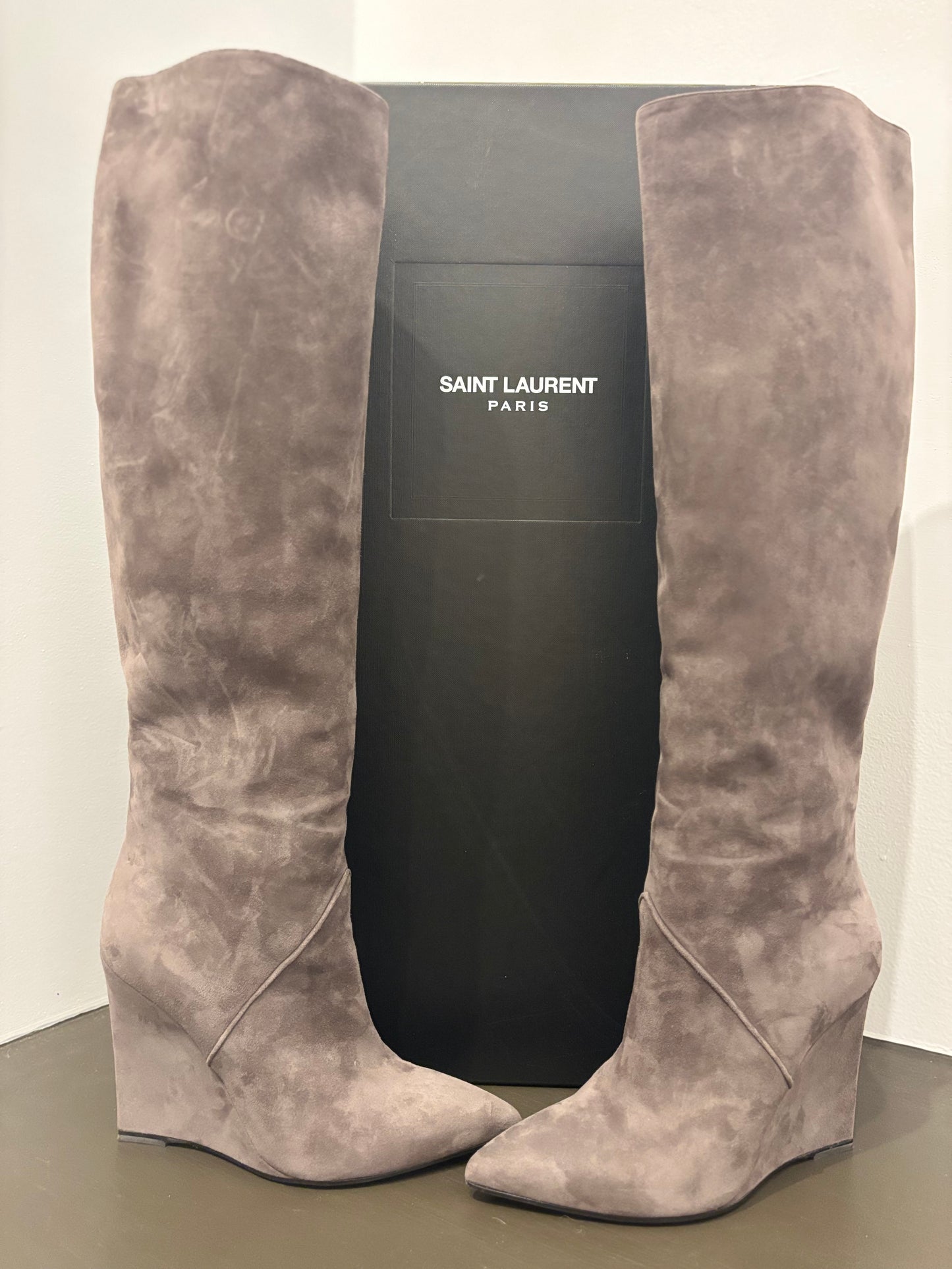 St. Laurent Tall gray wedge boot 36