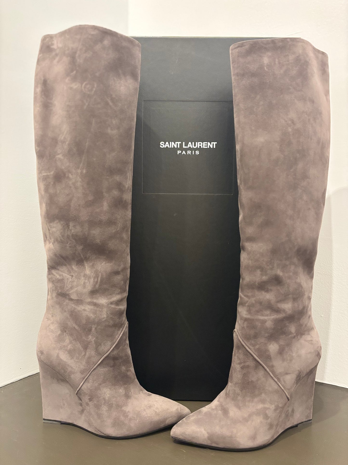St. Laurent Tall gray wedge boot 36