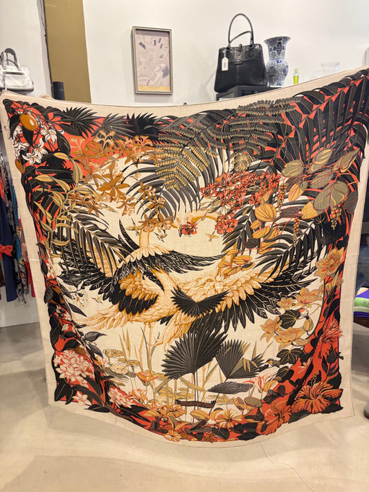 Hermès “Toutsy” Cashmere/Silk Shawl 140 – Beige / Gold / Black / Orange