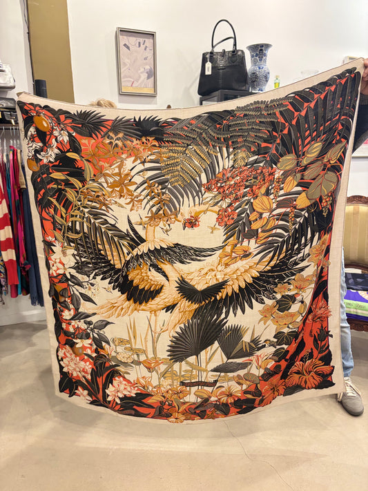 Hermès “Toutsy” Cashmere/Silk Shawl 140 – Beige / Gold / Black / Orange