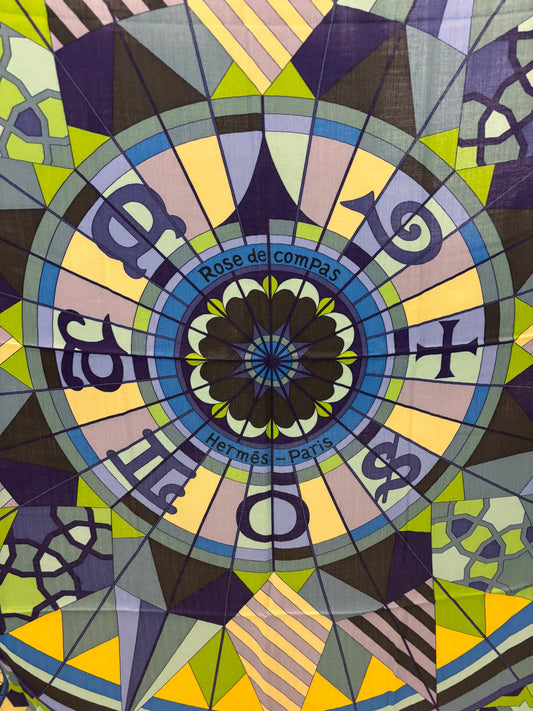 Hermès “Rose de Compas” Cashmere/Silk Shawl 140 – Blue/Green/Yellow