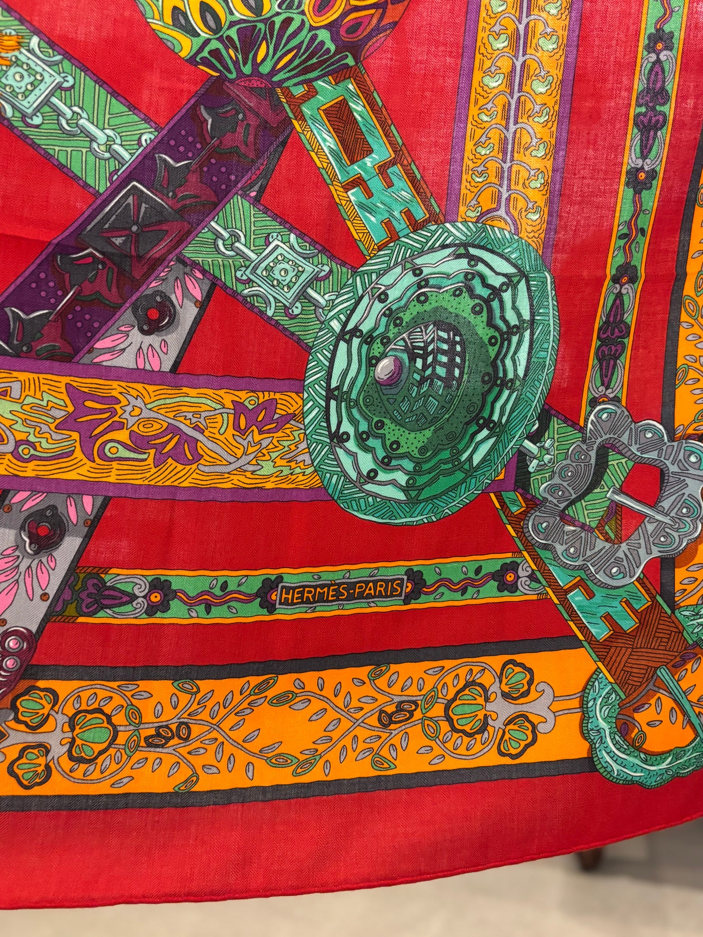 Hermès “Les Sangles de l’Orient” Cashmere/Silk Shawl 140 – Red Multicolor