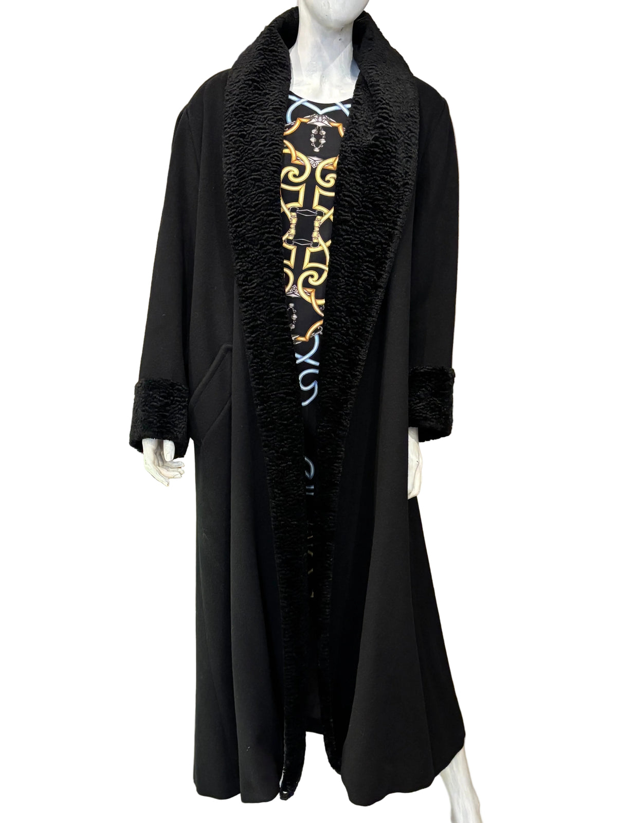 Steve & Searle Black Coat with Persian Lamb Trim – Size 4
