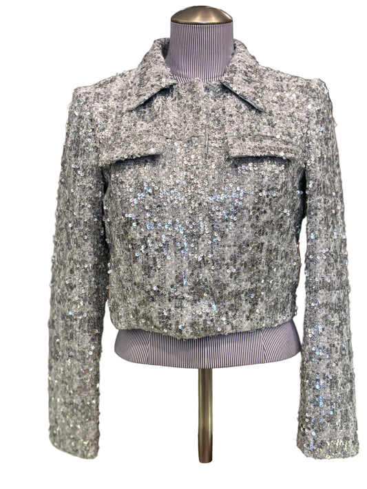 Amanda Uprichard cropped sequin tweed silver jacket - Size Small