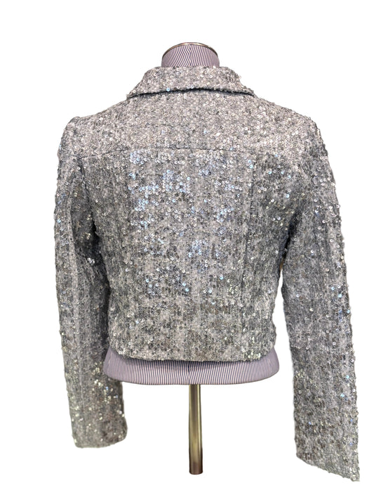 Amanda Uprichard cropped sequin tweed silver jacket - Size Small