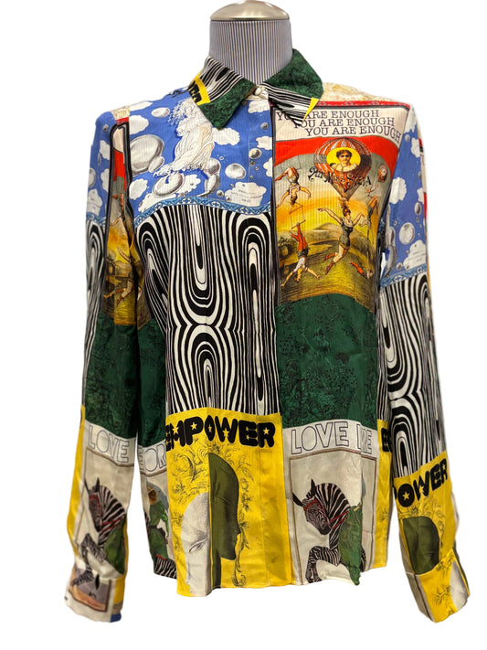 Alice + Olivia Patchwork Graphic Silk Blouse – Size Small